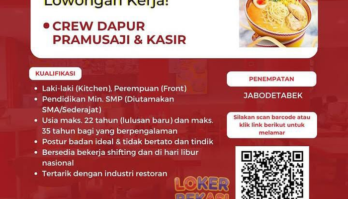 Lowongan Kerja Crew Dapur, Pramusaji, & Kasir Golden Lamian Terbaru 2026
